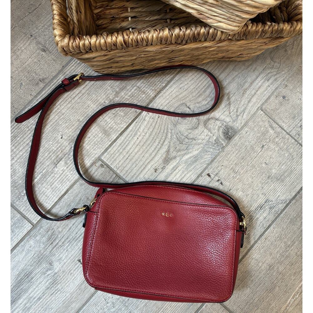 Lauren Ralph Lauren Red Pebbled Vegan Leather Camera Crossbody Purse Gold Logo